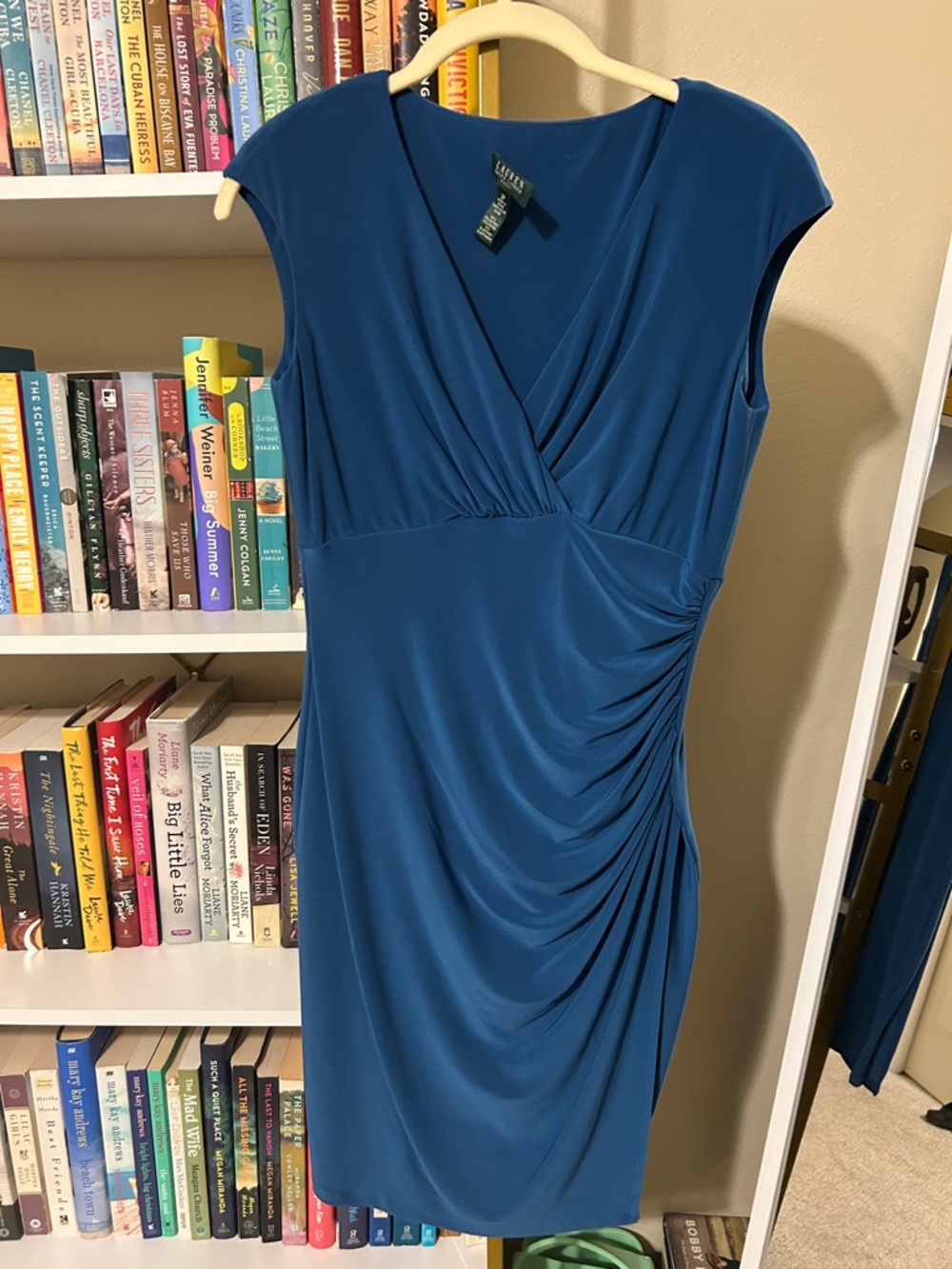 Lauren Ralph Lauren Teal Blue Faux-Wrap Midi Dress with Side Ruching